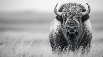 Naklejka premium Majestic bison standing in grassy field, exuding strength and power
