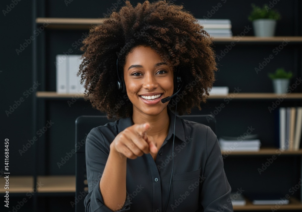 Poster smiling woman with headset pointing directly at the viewer in an office environment on a video call