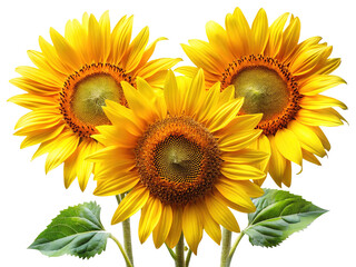 Obraz premium Three vibrant sunflowers displaying golden petals and captivating central disks against Trensprent Background png