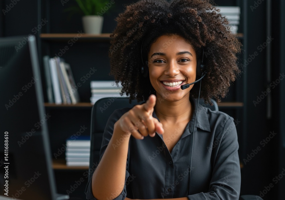 Poster smiling woman with headset pointing forward in an office setting with shelves and a computer visible