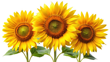 Three Vibrant Yellow Sunflowers in Full Bloom Against a Clean White Backdrop