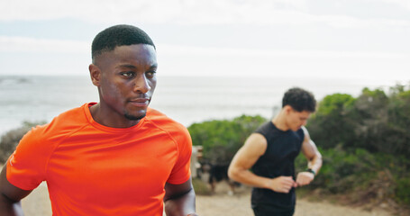 Naklejka premium Athlete, man and running for fitness outdoor for exercise, cardio training and marathon practice. Thinking, male person and sports workout for morning routine, physical performance and wellness goals