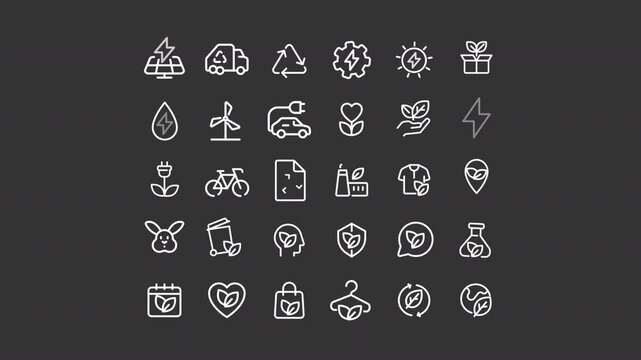 Ecology preservation ui icons white line animation set. Clean manufacturing, electric vehicles. Green energy. Ecofriendly animated user interface elements isolated on dark background. HD video