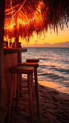 Blurred tropical beach bar setting, warm wood tones and fairy lights, bokeh effect. 