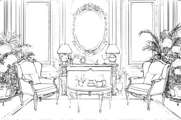 Interior design of Exhibition center, coloring book Exhibition center vector graphic