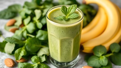 Fototapeta premium Nutritious Green Smoothie with Banana, Almond & Mint Garnish
