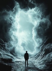 Obraz premium Dramatic Stormy Sea Scene with Silhouette Against Frightening Waves