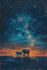 Naklejka premium Elephants Walking Through a Starry Landscape at Night