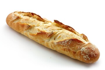 A freshly baked baguette showcasing golden crust and airy interior on a clean, white background, perfect for culinary artistry isolated on transparent background