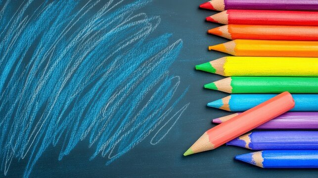 Colorful Crayons and Blue Scribbles on a Chalkboard Background