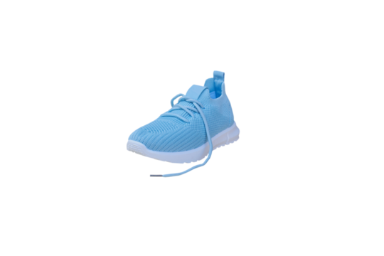 light blue sneakers on a white background, children's sneakers textile light isolated, one sneaker blue