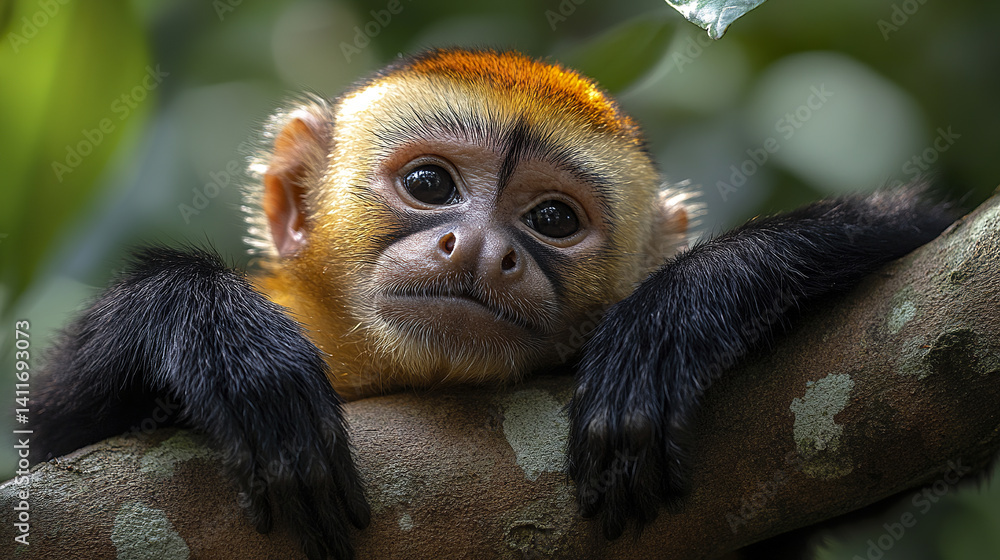Poster curious capuchin monkey rests on tree branch, displaying human like expression