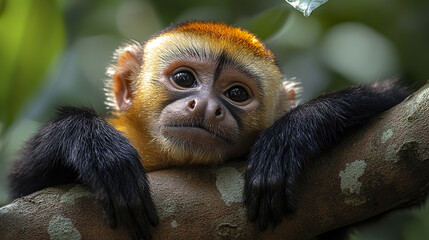 Fototapeta premium curious capuchin monkey rests on tree branch, displaying human like expression
