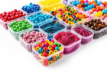A vibrant collection of colorful beads arranged in organized containers, perfect for creative crafting projects during a sunny afternoon isolated on transparent background