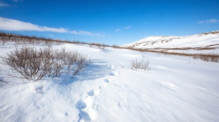 Obraz premium Tranquil Winter Landscape with Footprints in Fresh Snowy Terrain