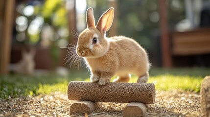 Cute Baby Rabbit Balancing on a Log in a Sunlit Garden Setting