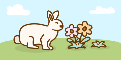 Cute Easter Bunny with flowers in Field