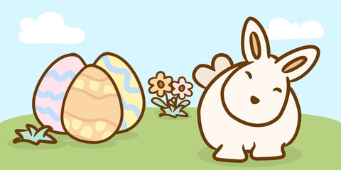 Adorable Easter Bunny Scene with Flowers and Eggs