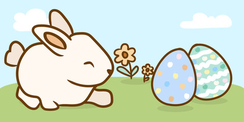 Hand Drawn Easter Bunny and Eggs in Nature