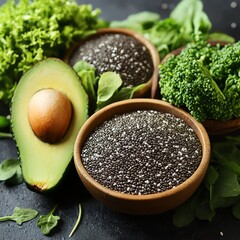 A vibrant arrangement of fresh avocado, chia seeds, and leafy greens showcases a healthy lifestyle. Perfect for nutrition-focused content and culinary inspiration.