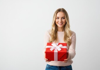 Smiling woman with blonde hair holding a red gift box with white ribbon on a white background studio shot