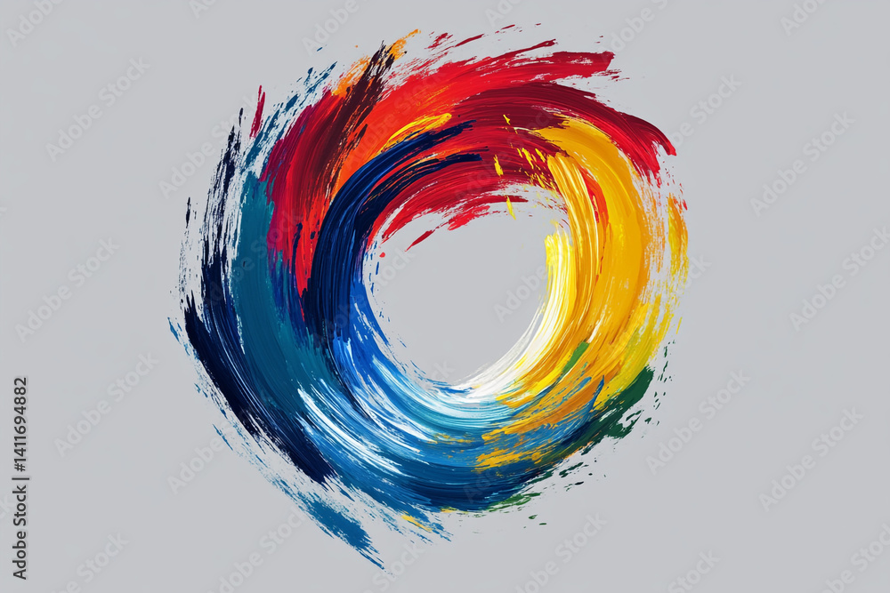 Poster vibrant paint strokes swirl in a circular design creating a colorful abstract artwork