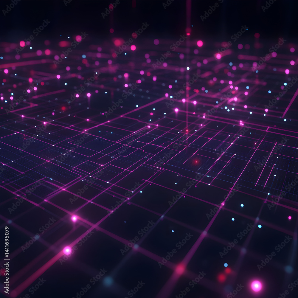 Poster digital network abstraction: an abstract rendering of an intricate digital network, with a vibrant i