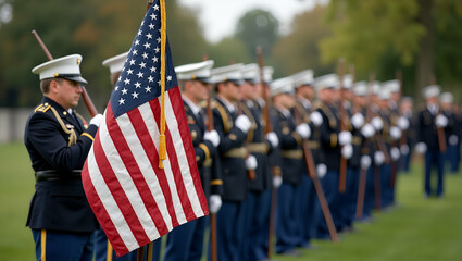 Memorial Day Tribute: Honoring Military Valor and Sacrifice with Disciplined Rituals in Photo Stock Concept Featuring Empty Space for Customization