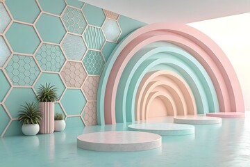A top-down, eye-level shot features a vertical stack of colorful cubic blocks on a bright cyan blue surface. 