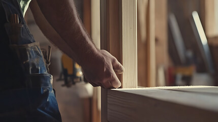 Obraz premium Carpenter installing a door frame in a new home. Featuring home construction and door installation