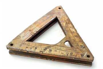 An antique triangular ruler resting on a serene white background highlights the charm of vintage craftsmanship and design techniques isolated on transparent background