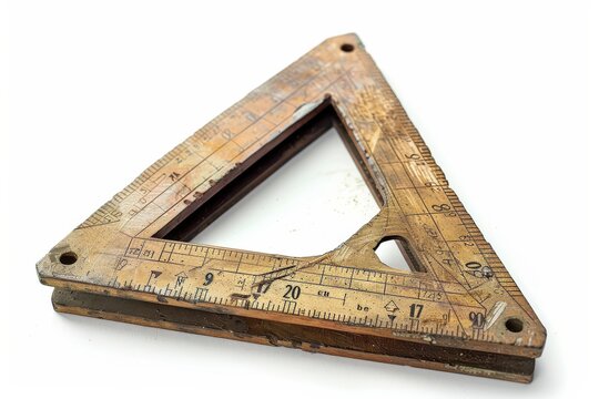 An antique triangular ruler resting on a serene white background highlights the charm of vintage craftsmanship and design techniques isolated on transparent background