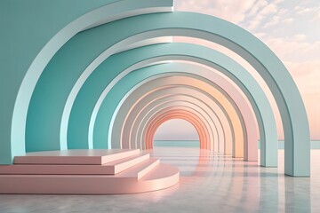 Obraz premium A top-down, eye-level shot features a vertical stack of colorful cubic blocks on a bright cyan blue surface. 