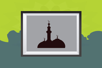 Framed Silhouette of a Majestic Mosque on Gradient Green-Teal Background