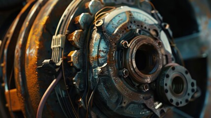 Fototapeta premium Close-up of a car alternator showing visible copper coils and the electrical connector, highlighting its metallic structure and function.