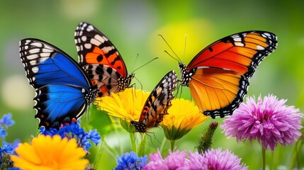 Obraz premium Colorful Butterflies on Vibrant Wildflowers in Summer Garden Scene
