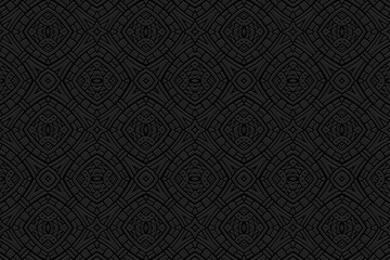 Geometric black background, tribal cover design, banner for design. Ethnic fashion 3D pattern, art deco. Relief ornaments, arabesques, mandala. Motives of the East, Asia, India, Mexico, Aztec, Peru.