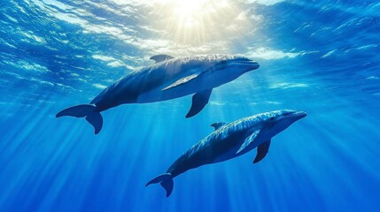 Obraz premium Graceful Dolphins Swimming Beneath Crystal Clear Ocean Waters