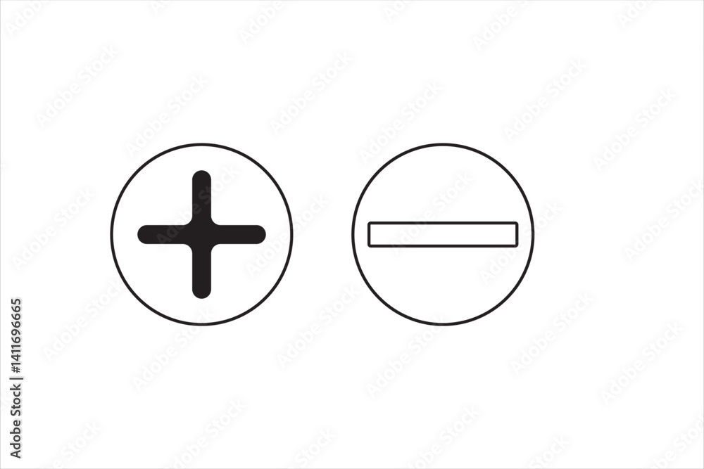 Poster round plus and minus icons set with different thicknesses. vector.