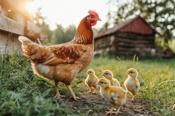  Mother hen with chicks in sunlit yard