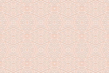Geometric pink background, tribal cover design, banner for design. Ethnic glamour 3D pattern, art deco. Relief ornaments, arabesques, mandala. Motives of the East, Asia, India, Mexico, Aztec, Peru.