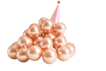 A whimsical arrangement of glossy peach balloons topped with a festive party hat in a bright, airy setting isolated on transparent background