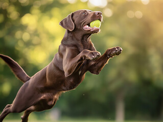 A labrador retriever elegantly stretches to catch a tennis ball while playing fetch at the outdoor park 