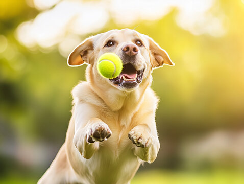 closeup of a labrador retriever playing fetch catching a tennis ball at the outdoor park
