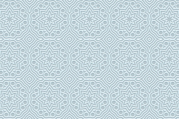 Geometric blue background, tribal cover design, banner for design. Ethnic elegant 3D pattern, art deco. Relief ornaments, arabesques, mandala. Motives of the East, Asia, India, Mexico, Aztec, Peru.