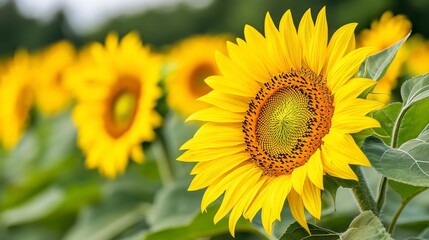 Fototapeta premium Bright Sunflowers in a Vibrant Field Under Clear Blue Sky