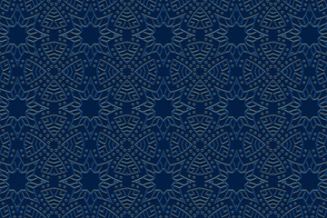 Geometric blue background, tribal cover design, banner for design. Ethnic 3D pattern with gold, art deco. Relief ornaments, arabesques, mandala. Motives of the East, Asia, India, Mexico, Aztec, Peru.