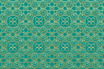 Geometric turquoise background, tribal cover design, banner for design. Ethnic gold 3D pattern, art deco. Relief ornaments, arabesques, mandala. Motifs of the East, Asia, India, Mexico, Aztec, Peru.