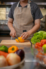 A female chef broadcasts her cooking knowledge live on a social media app on her mobile phone.
