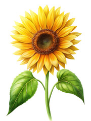 Obraz premium Vibrant yellow sunflower illustration with detailed leaves and a brown center disk